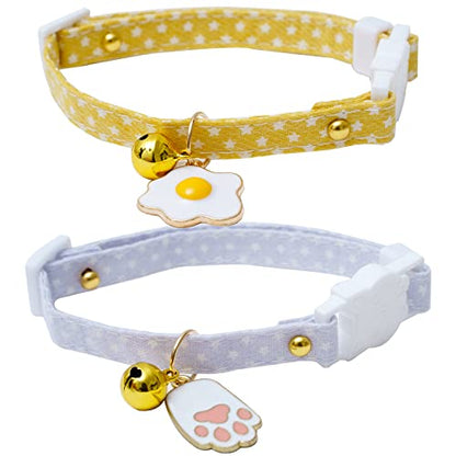 2 Pack Star Cotton Breakaway Cat Collars with Bell Egg Cat Paw Pendant Kitty Kitten Collars Yellow Purple Collar for Female Girl Cats Male Boy Cats - color: Yellow & Purple