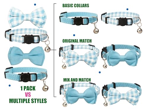 Cat Collar with Bow Tie 2pcs Set Bell Boy Girl Kitten Safety Plaid Grid Checkered Solid Color Suede Velvet Cute Soft Gift [2pcs] Blue - color: Style A-[2pcs] Blue