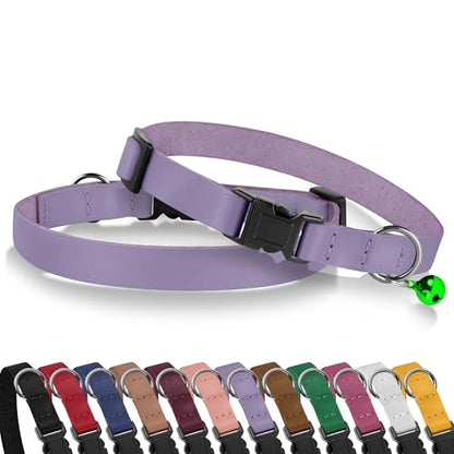 Breakaway Cat Collar with Bell - Leather Adjustable Kitten Collars with Safety Quick Release Buckle - Soft Small Pet Collars for Girl & Boy Cats (Lavender) - color: Lavender