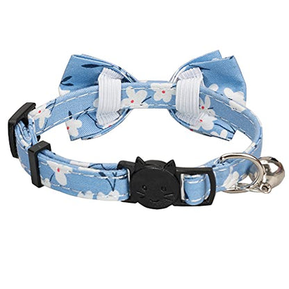 Cat Collar with Bow Tie Bell Breakaway Bowtie 2pcs Set Spring Plaid Flower Floral Solid Boy Girl Cute Kitten Safety A Blue Flower & Plaid - color: A [Flower & Plaid]-Blue