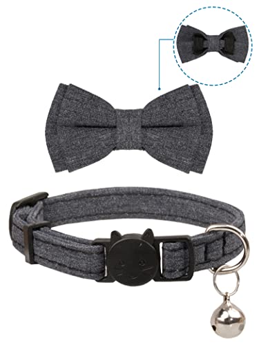 Cat Collar Breakaway Bowtie Safety with Bell Adjustbale Kitten Puppy Solid Plaid Color Set D-[2pcs] Grey - color: D-[2pcs] Grey