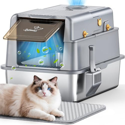L7 Ultra-Stainless Steel Litter Box with Smart Odor Control System, XXL Extra Large Enclosed Metal Cat Litter Box with Lid for Kitty&Big Cats, High Sided Enclosure with Scoop & Mat, Anti-Leakage-Grey - color: Dark Grey