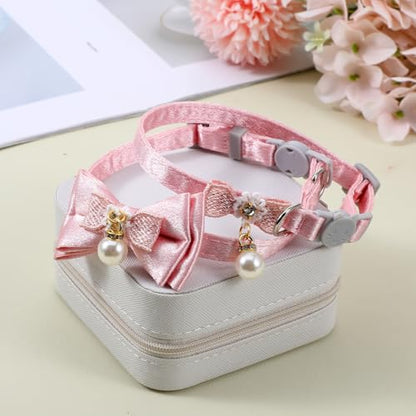 Xinjoduz 2 Pack Pink Cotton Cat Collars for Girl Cats, Cute Pearl Bow Kitten Collar Breakaway Safety Buckle Cats Pet Collars Adjustable from 7.9 to 11.8 Inches