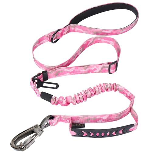 Hotsky Tactical Dog Leash Heavy Duty for Medium Large Dogs that Pull,4-6Ft Strong Bungee Shock Absorbing No Pull Dog Leash with Padded Double Handle and Car Seatbelt,Pink Camo - color: Bungee(4-6FT,M/L),Pink Camo, size: Medium / Large