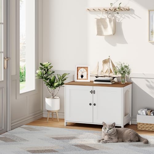 HOOBRO Litter Box Enclosure, Cat Litter Box Furniture with Removable Divider, Hidden Litter Box Furniture, Wooden Cat House, End Side Table, 31" L x 17.5" W x 19.7" H, White and Walnut WH03MW01G2 - color: White + Walnut
