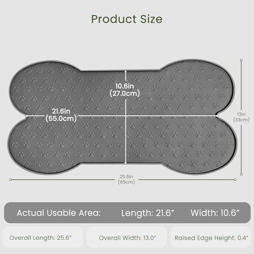 PWTAA Dog Food Mat Anti-Slip Silicone Dog Bowl Mat Thicker Pet Placemat Waterproof Cat Feeder Pad with Raised Edge Puppy Kitten Feeding Mats Suitable Small Medium-Sized Dogs Cats Eating Tray - color: Grey, size: 25.6" x 13"
