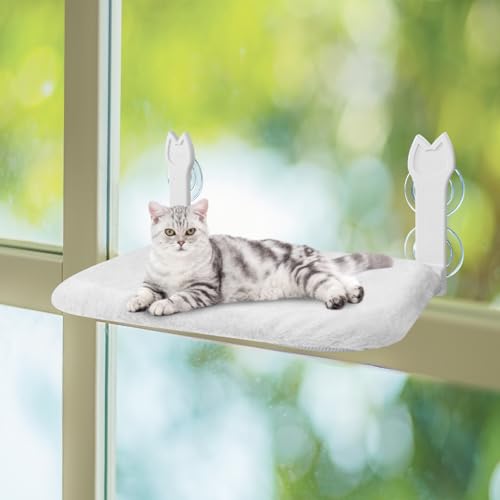 2 Pack Cat Window Perch,Cat Window Hammock Cordless Foldable Window Bed with 4 Large Strong Suction Cup,Reversible Cushion Cover,Metal Frame Easy to Adjust Window Seat Holds up to 40lbs(White