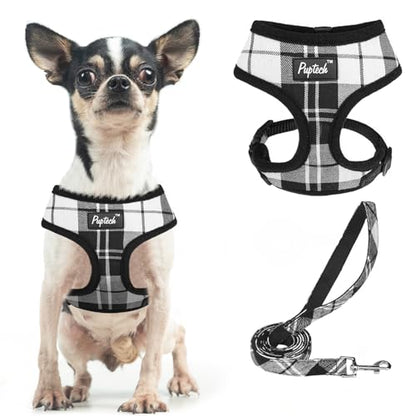 PUPTECK Soft Mesh Dog Harness and Leash Set Pet Puppy Cat Comfort Padded Vest No Pull Harnesses, Black&White, XS - color: Black&White, size: XS (NECK: 10", CHEST: 10"-14")