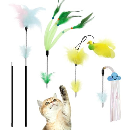 Cat Feather Wand Toy - Cat Teaser Toy Wand with 4 Flexible Feather Teaser Refills, Interactive Cute Tassel Cat Toys for Indoor Cats Kittens - color: Plants