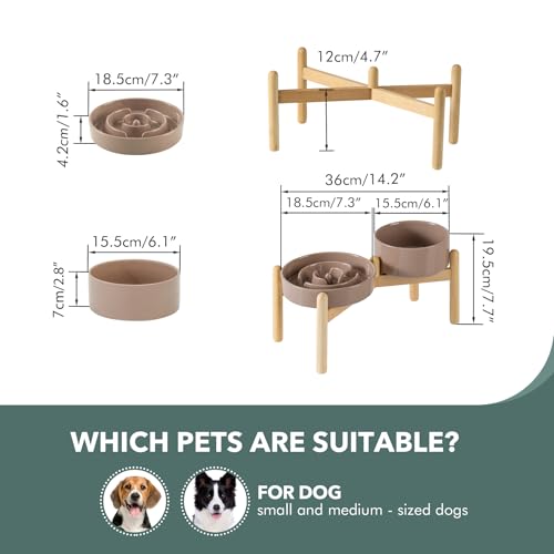 Havniva 7.3” Raised Slow Feeder Dog Bowls Set, 1.2 Cups Ceramic Slow Feeder Dog Bowl and 6.1” Dog Water Bowl with Elevated Wooden Stand Puzzle Dog Food Bowl for Small Dogs Anti-Gulping & Anti-Choking - color: 2 x Brown Coffee+Stand-A, size: 7.3inch
