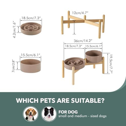 Havniva 7.3” Raised Slow Feeder Dog Bowls Set, 1.2 Cups Ceramic Slow Feeder Dog Bowl and 6.1” Dog Water Bowl with Elevated Wooden Stand Puzzle Dog Food Bowl for Small Dogs Anti-Gulping & Anti-Choking - color: 2 x Brown Coffee+Stand-A, size: 7.3inch