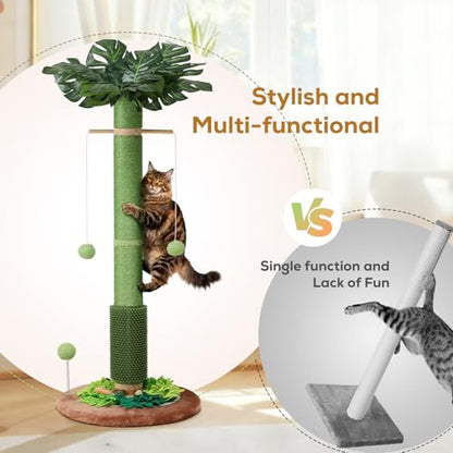 Cat Scratching Post, 40" Tall Palm Tree Scratch Post for Cats, Sisal Scratching Posts for Indoor Cats Adults with Hanging Cat Toys, Self-Grooming Brush, Snuffle Mat and Interactive Wooden Ball Track - size: 40" Tall