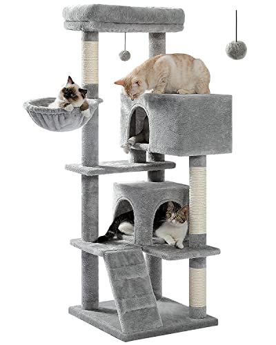 MUTTROS Cat Tree for Large Cats with Super Large Top Perch, 56.3" Cat Tower with Plush Hammock, Dangling Pompom, Cat Scratching Posts and 2 Condos House, Light Grey - color: Grey, size: 56.3inch