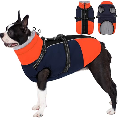 AOFITEE Dog Coat, Warm Dog Jacket with Harness Built-in, Waterproof Medium Dogs Cold Weather Coat with Zipper, Reflective Fleece Lined Pet Snow Jackets for Pug, Jack Russell, Boston Terrier, Blue M - color: Blue, size: Medium