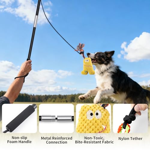 Flirt Pole for Dogs Heavy Duty - Dog Chase Toy with Squeak Toy & Braided Rope, Upgraded XL Carry Bag, Lightweight Interactive Wand for Small Medium Breeds, Indoor & Outdoor Training