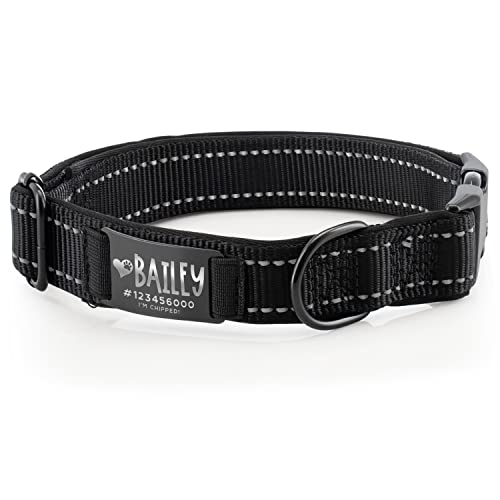 Improved - Personalized Dog Collars w/Engraved Metal ID Nameplate for Name & 3 Lines Text - Custom 20 Icons, 4 Adjustable Sizes, 10 Fonts, Dog Collar for Large Dogs, Dog ID Tag Personalized, Black - color: Black