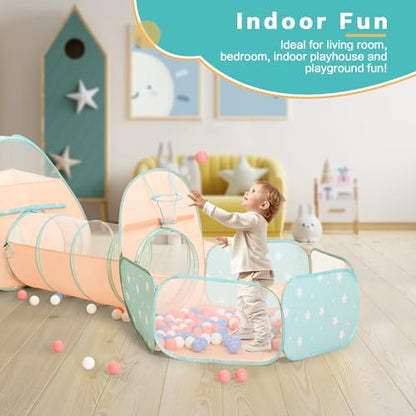 SISTICKER 3 in 1 Kids Play Tent with Baby Ball Pit and Play Tunnel, Toddler Climbing Toys for Boys, Girls, Babies, Indoor Outdoor Pop Up Playhouse Tunnel Toys (Balls NOT Included) - style: Orange/Green