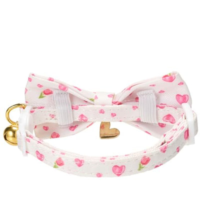 2 Pack Cat Collars, Removable Bowtie, Pink Heart Pattern, Safety Breakaway Clasp, Adjustable for Cats.(Adult Cat, Pink Strawberry and White Heart) - color: Pink+White