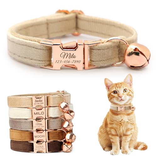 Personalized Non-Breakaway Cat Collar with Name, Luxury Soft Velvet Custom Engraved Name Collar with Bell for Kittens & Cats (Beige, L (7.5-12.5 inches)) - color: Beige, size: L (7.5-12.5 inches)