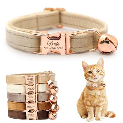 Personalized Non-Breakaway Cat Collar with Name, Luxury Soft Velvet Custom Engraved Name Collar with Bell for Kittens & Cats (Beige, L (7.5-12.5 inches)) - color: Beige, size: L (7.5-12.5 inches)