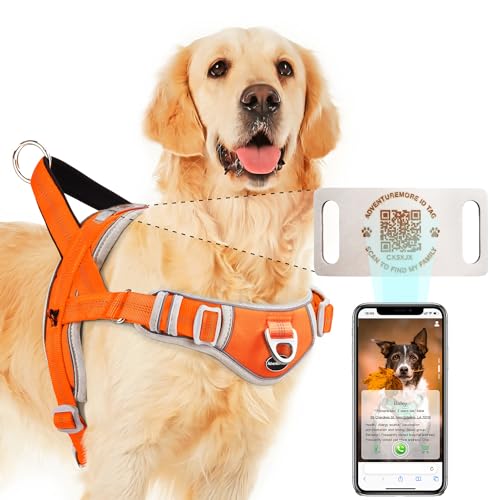 Dog Harness Medium No Pull with QR Code Dog Tag, Adjustable Reflective Vest, Escape Proof Smart ID Tag with Easy Control Front Clip Handle for Walking M Orange - color: Orange - QR Code, size: Medium
