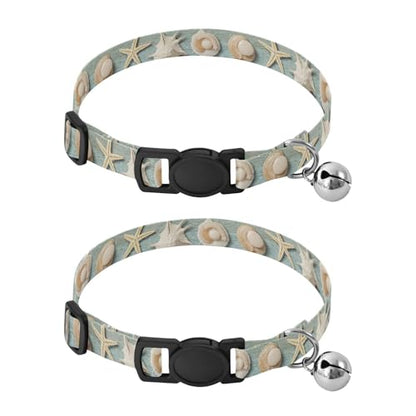 Seashells Turquoise Small Cat Collar, 2 Pack Decorative Pet Collar with Bell - color: Seashells Turquoise