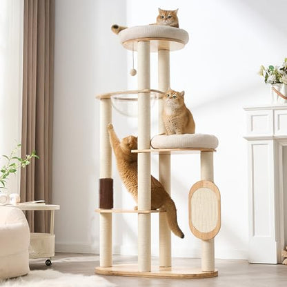 Modern Solid Wood Cat Tree for Indoor Cats Up to 15lbs, 60" Tall & Wide Cat Tower with Scratching Posts, Scratcher & Self-Grooming, Large Cat Beds, Capsule Nest, Multi-Level Cat Furniture - color: 60"Natural