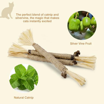 4 Pack Silvervine Sticks for Cats - Cat Chew Toy for Teeth Cleaning, Edible Matatabi Kitty Chew Sticks, Catnip Cat Toys for Indoor Cats (4 Sticks)