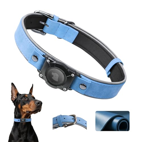 Leather AirTag Dog Collar - IPX8 Waterproof Dog Collar with AirTag Holder|Reflective, High - End, Adjustable Soft Padded |Dog GPS Collar Tracker Fit for Medium Large Dogs (BLUE,M） - color: BLUE, size: M (12.5"-17.3")