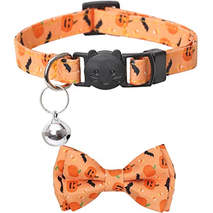 Halloween Cat Collar Breakaway with Cute Bow Tie and Bell for Kitty Adjustable Safety - color: Orange+Purple