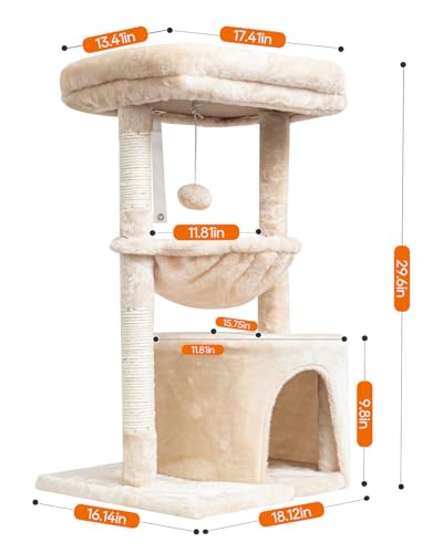 SYANDLVY Small Cat Tree for Indoor Cats, Kittens Condo with Scratching Post and Board, Modern Activity Tower with Cradle, Beige - color: Beige