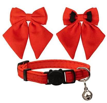 Cat Collar with Bow Tie Bell Breakaway Kitten Small Pet Safety Solid Wedding Basic Pure Color Suede Soft Adjustable Sailor Bow-[1pc] Red - color: Sailor Bow-[1pc] Red