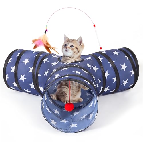 Tempcore Cat Tunnels for Indoor Cats, Collapsible 3 Way Kitty Tunnel Bored Pet Toys with Peek Hole Toy Ball for Puppy, Kitty, Kitten, Rabbit Pentagram - color: 3-Way Pentagram, size: 3-way