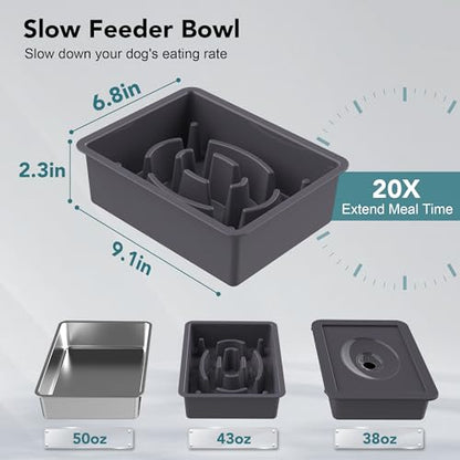 UPSKY 3-in-1 Elevated Dog Bowls Slow Feeder, Adjustable Stand, No Spill Water Dispenser, Stainless Steel Food & Water Bowl for Small Medium Dogs - color: D-3 in 1 (Grey)