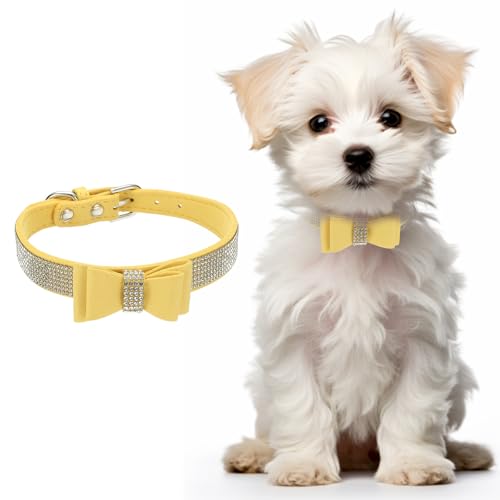 Cute Dog Collar with Bling Rhinestone, Bling Dog Collar Adjustable Leather Diamond Sparkling Jewel Accessories 17", (Yellow), Intended for Teacup/Cat/Small Medium Large Pet - color: Yellow, size: 17 Inch