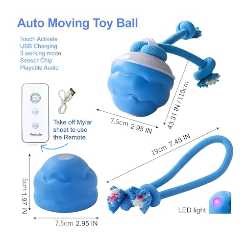Interactive Dog Ball, 2026 Upgraded Motion Activated Automatic Rolling Ball with Remote Control, Self-Moving Pet Ball for Training Pets Toy, Free Chew Corn & Rope Toy Included