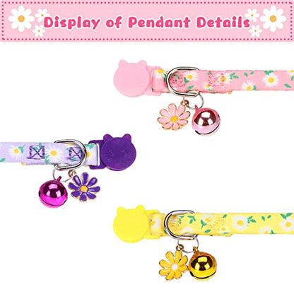 Breakaway Cat Collars with Bell & Cute Pendants, 3 Pack Safety Buckle Kitten Collars, Adjustable Pet Collar Ideal for Girl Boy Cats Puppy (Daisy Pattern) - color: Style A - Flower