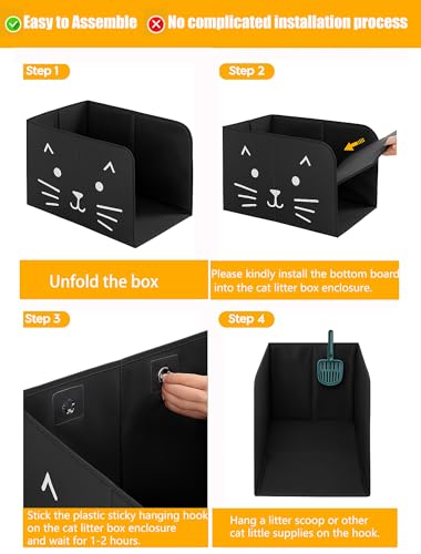 Waterproof Cat Litter Box Enclosure Splash Guard with Removable Mat, Cat Box Enclosure with 2 Hooks for Scoop, Anti-Leakage, Dust Control, Easy to Clean-24.02 x 16.14 x 16.14 inches-Black - color: Black