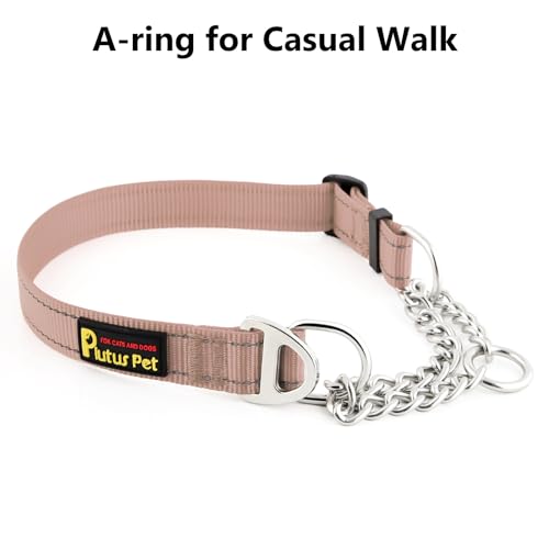 Plutus Pet Martingale Dog Collar with Stainless Steel Chain and Reflective Nylon, Adjustable No Pull Training Collar, for Small Medium, and Large Dogs, Beige, M - color: Beige, size: Medium
