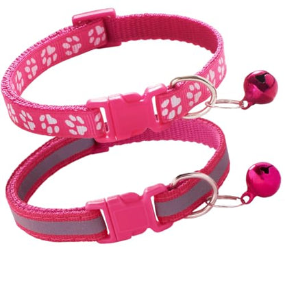 Hot Pink Puppy Collar with Bell, 2-Pack Paw Print & Reflective Strip Girls Cat Collars with Bells for XXS XS Small Little Dogs Tiny Kitten Female Pet, X-Small - color: Reflective Hot Pink