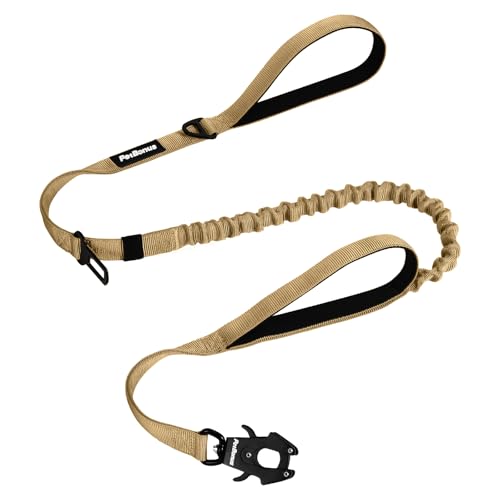Heavy Duty Tactical Dog Leash, 5 FT Bungee Shock Absorption Leash with 2 Padded Handles, Quick Release Metal Clip, Car Seatbelt, No Pull Training Lead for Large Medium Dogs（Khaki） - color: Khaki
