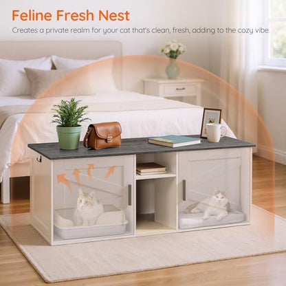HOOBRO Double Litter Box Enclosure, Modern Cat Litter Box Furniture with Storage and Mat Design, Farmhouse Hidden Litter Box Enclosure with 2 Hooks, White and Charcoal Gray BW23MW01 - color: White + Charcoal Gray