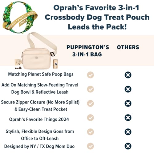 Puppington 3-in-1 Crossbody Dog Treat Pouch for Pet Training - Compostable Poop Bags, Built-In Poop Bag Dispenser, Slow-Feeding Travel Dog Bowl & Reflective Leash - Dog Walking Bag (Vanilla Cream) - color: Vanilla Cream