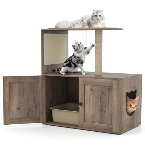 Tangkula Cat Tree with Litter Box Enclosure, Hidden Litter Box Cat Tower with Sisal Scratching Post & Mat, Dangling Ball, Vented Holes, Farmhouse Cat House Washroom (Oak Gray)