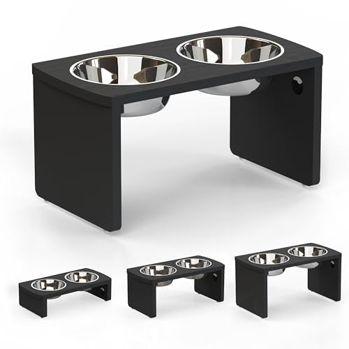 Elevated Dog Bowls, Waterproof Raised Dog Bowl for Medium & Large Dogs, HIPS Poly Lumber Stand with 2 Stainless Steel Bowls, Indoor & Outdoor Use (10'' Tall–48 oz Bowl, Black) - color: Black, size: Large: 10'' Tall-48oz Bowl