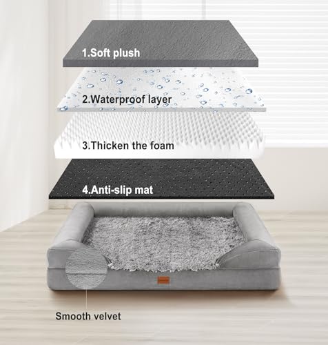 Gimars 3.7in Thickened Orthopedic Dog Bed for Large Dogs, Supportive L Dog Sofa Bed with Bolster & 28D Egg-Crate Mattress, Waterproof Lining, Washable Plush Cover for Arthritic Dogs