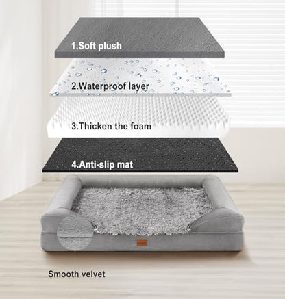 Gimars 3.7in Thickened Orthopedic Dog Bed for Large Dogs, Supportive L Dog Sofa Bed with Bolster & 28D Egg-Crate Mattress, Waterproof Lining, Washable Plush Cover for Arthritic Dogs