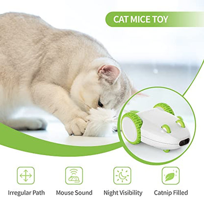 PETGEEK Automatic Cat Mouse Toys Interactive Cat Toys for Indoor Cats, Smart Sensing Moving Electric Cat Toys with Catnip Wand, USB Rechargeable Remote Control Squeaky Mouse Cat Toy, 3 Catnip Tails - color: Green