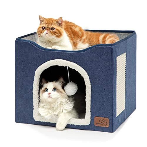 Bedsure Cat Beds for Indoor Cats - Large Cat Cave for Pet Cat House with Fluffy Ball Hanging and Scratch Pad, Foldable Cat Hideaway, 16.5x16.5x13 inches, Blue - color: Blue, size: Single