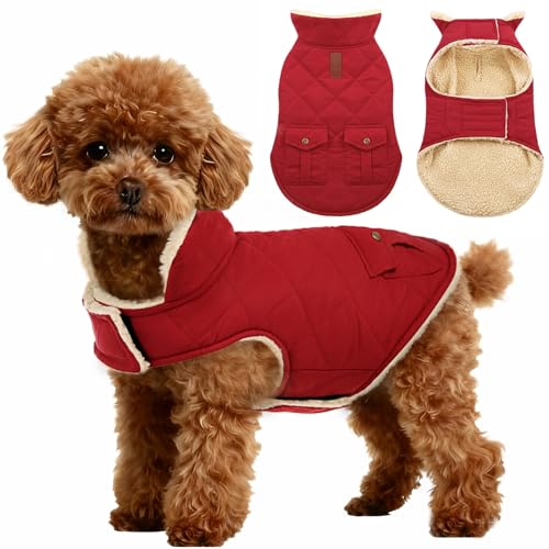 ASENKU Warm Dog Winter Coat, Waterproof Dog Coat for Cold Weather, Fleece Dogs Jacket with Ultra Thick Plush Lining Leash Hole Storage Pockets for Medium Dogs (Red, Medium) - color: Red, size: Medium